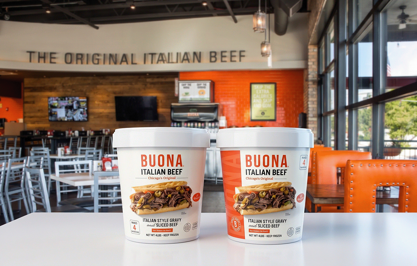 Buona Beef retail tubs displayed inside a Buona restaurant.